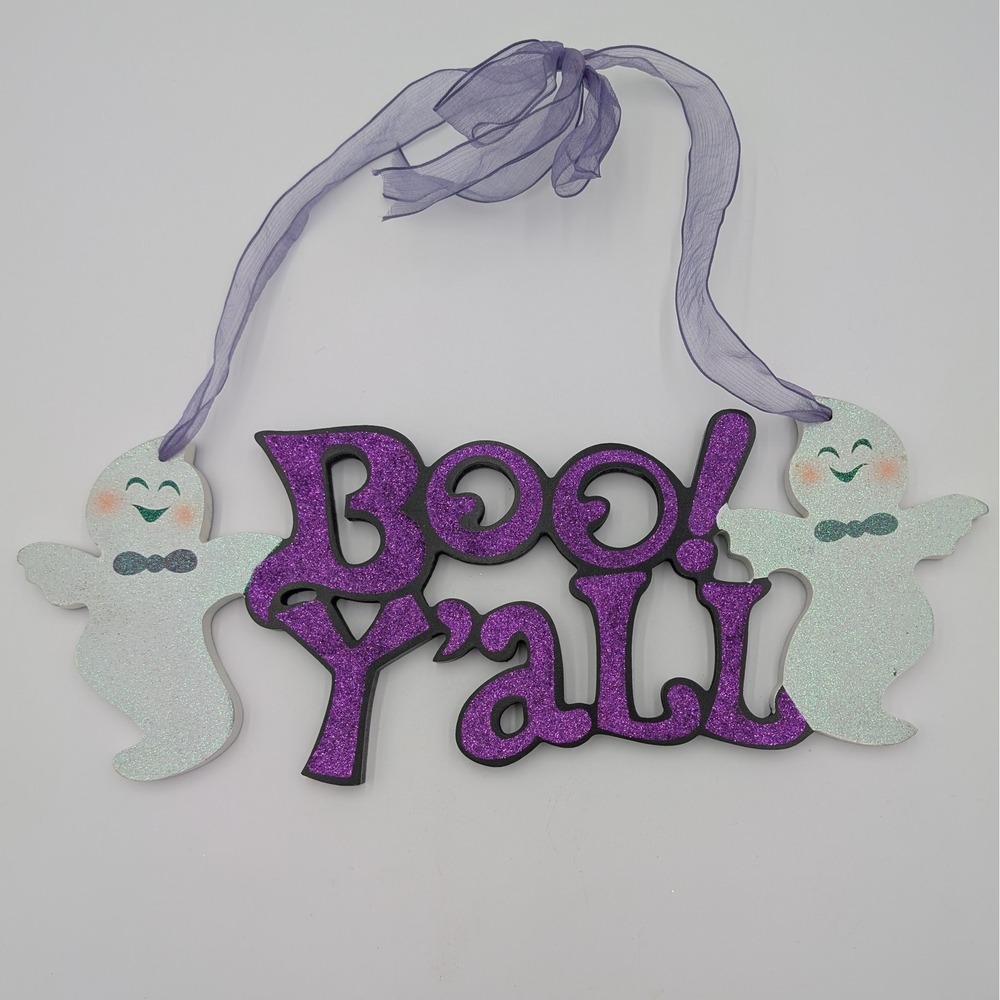 Hobby Lobby Boo Y'all Halloween Ghost Glitter Hanging Sign Purple 17 Inch
